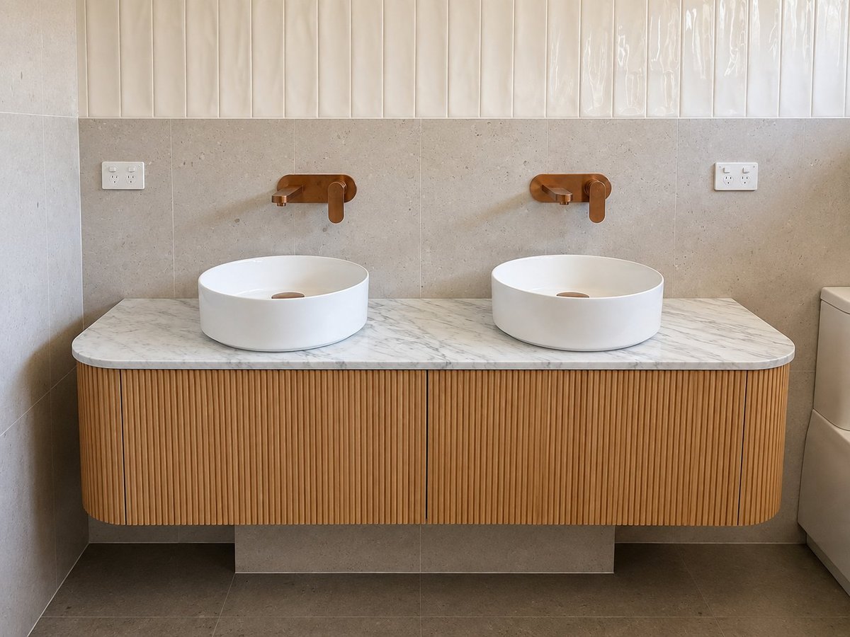 Modern bathroom vanity with dual white round vessel sinks, wooden ribbed cabinet, marble countertop, and brass faucets