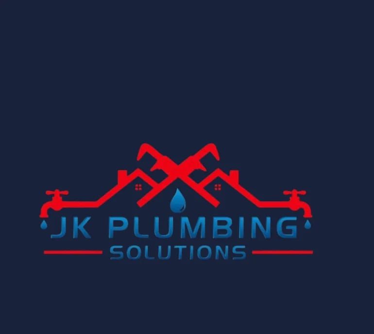 JK Plumbing Solutions logo featuring red pipes and tools with a blue water droplet on dark background